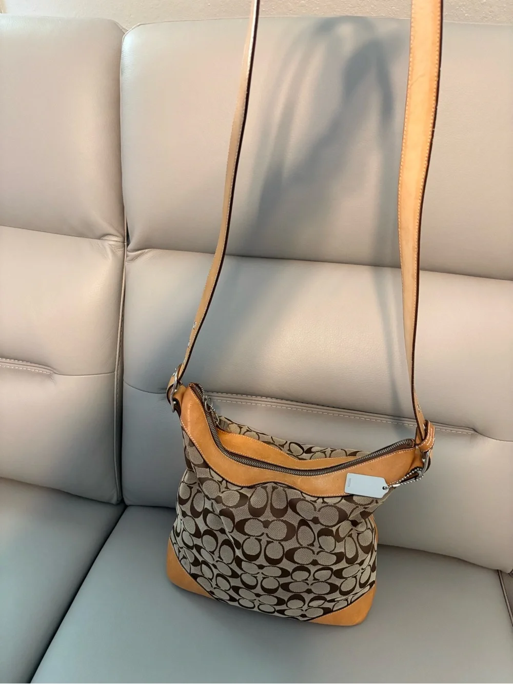 Coach Signature Canvas Shoulder Bag/Crossbody Hobo bag in Brown and Tan